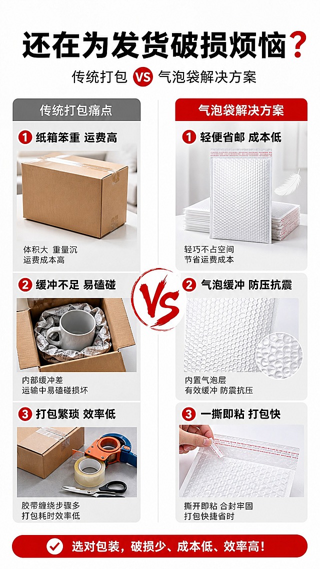 基于图1的白色珠光膜气泡信封袋，生成痛点对比详情页。左右分栏构图，左侧展示传统打包痛点（纸箱笨重、物品磕碰、胶带缠绕），右侧展示气泡袋解决方案（轻便、缓冲、高效），中间VS分隔。产品保留原有结构、气泡纹理、红色撕条、白色珠光膜材质。顶部大标题文字"还在为发货破损烦恼？"，左侧3个痛点："纸箱笨重 运费高""缓冲不足 易磕碰""打包繁琐 效率低"，右侧3个对应卖点："轻便省邮 成本低""气泡缓冲 防压抗震""一撕即粘 打包快"。套系风格：国内电商专业包装风，主色白+浅灰，强调色正红，粗黑体，柔和自然光。
