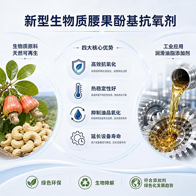 移除所有化学分子结构式和化学式，改为图文并茂的信息图形式。浅色系干净背景（白色、浅灰、淡蓝渐变）。左侧展示腰果、腰果叶等天然生物质原料的精美图片，配文'生物质原料 天然可再生'。中间区域以图标和文字形式展示抗氧剂的四大核心优势：高效抗氧化、热稳定性好、抑制油品氧化、延长设备寿命，每个优势配一个简洁的线性图标。右侧展示润滑油倒入齿轮的工业应用场景图，配文'工业应用 润滑油脂添加剂'。顶部标题为'新型生物质腰果酚基抗氧剂'，底部标注'绿色环保 生物降解 符合添加剂绿色化发展趋势'。整体排版清晰，图文结合，专业简洁，科研学术风格，无任何化学结构式。