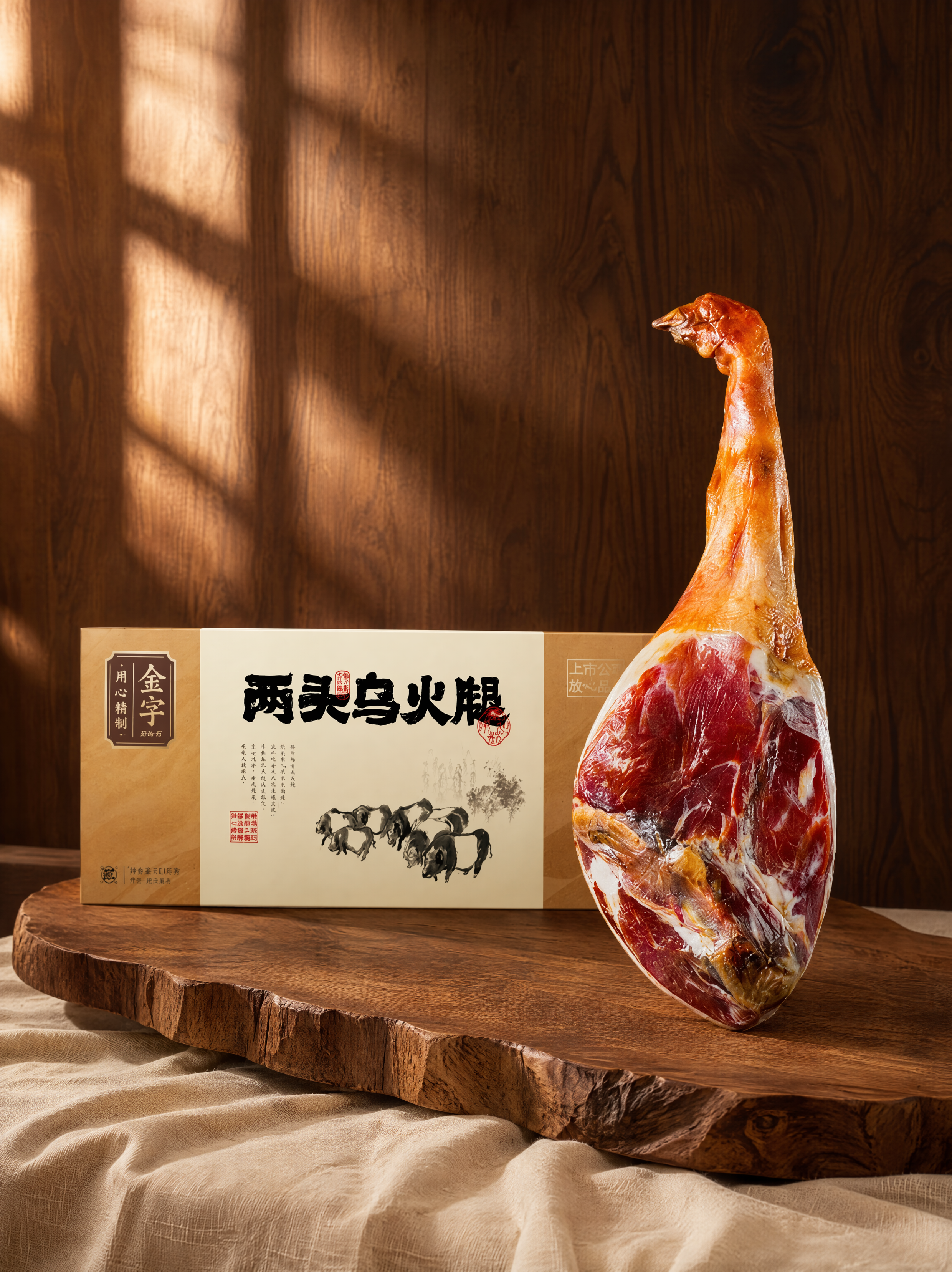 两头乌火腿礼盒与整腿，严格参照上传产品图，完整保留所有可见组件… - 图片创意预览