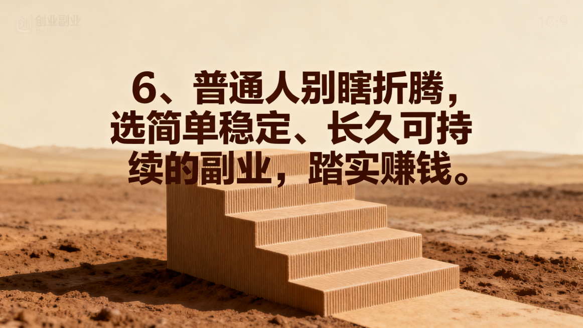 创业副业海报，尺寸比例16:9，沉稳踏实风格，画面包含稳定阶梯元素，大地色简约背景，搭配醒目的文字文案："6、普通人别瞎折腾，选简单稳定、长久可持续的副业，踏实赚钱。"，突出稳定长久主题预览效果