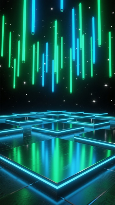赛博朋克风格3D渲染，深邃黑色背景点缀细碎星光，前景是由多个反光金属平台组成的几何阵列，平台边缘有明亮发光线条勾勒。上方空间悬浮着大量垂直和略微倾斜的细长发光霓虹灯管，整体构图采用对称式布局，中央为视觉焦点，具有强烈的纵深感和未来科技感。光源来自发光线条和灯管，产生清晰的高光和反射效果，金属表面呈现光滑细腻的质感。主色调改为深邃的翡翠绿与明亮的青蓝色霓虹光效，发光线条和灯管以翠绿色和青蓝色为主……预览效果