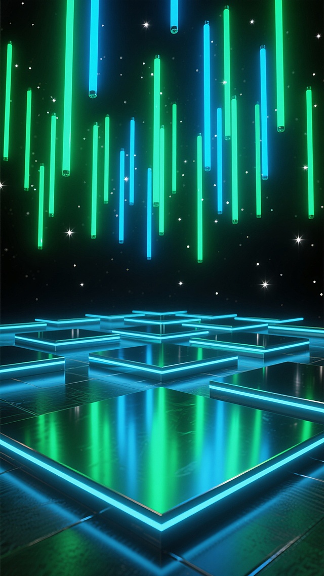 赛博朋克风格3D渲染，深邃黑色背景点缀细碎星光，前景是由多个反光金属平台组成的几何阵列，平台边缘有明亮发光线条勾勒。上方空间悬浮着大量垂直和略微倾斜的细长发光霓虹灯管，整体构图采用对称式布局，中央为视觉焦点，具有强烈的纵深感和未来科技感。光源来自发光线条和灯管，产生清晰的高光和反射效果，金属表面呈现光滑细腻的质感。主色调改为深邃的翡翠绿与明亮的青蓝色霓虹光效，发光线条和灯管以翠绿色和青蓝色为主，金属平台反射出相应的蓝绿色光泽，营造出神秘而充满科技感的冷色调未来空间氛围。