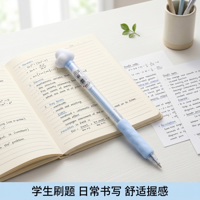 [主图-4] 爱好云朵中性笔适用场景展示图
[氛围风格] 清新校园书桌场景，青春治愈
[画质] 商业摄影质感、光线柔和通透、产品清晰真实、画面干净高级
[元素] 浅蓝色爱好云朵中性笔放置在干净的浅白色预览效果