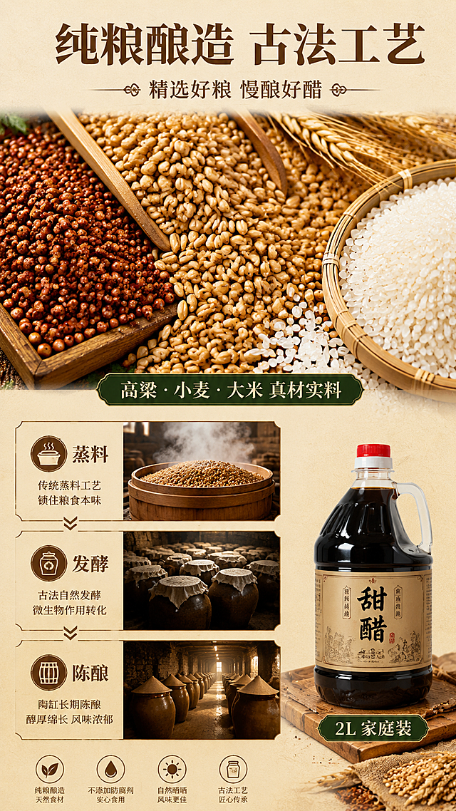 [第3张] 原料与工艺-纯粮酿造古法工艺专页。
[氛围/风格] 质朴真实+传统工艺感+食材微距质感，突出纯粮天然。
[元素布局] 画面上半部分为高粱、小麦、大米等粮食原料平铺俯拍，颗粒饱满，占画面约50%；中部为古法酿醋工艺三步示意小图（蒸料 · 发酵 · 陈酿）纵向排列；右下角小图展示甜醋产品桶；原料微距元素放大占主视觉，体现纯粮酿造的真实感。
[光影质感] 柔和顶光，粮食颗粒纹理清晰，自然阴影，整体暖自然光。
[配色色系] 全局底色 #F0E2C8（浅米黄）；主色棕褐色、金黄色；辅助色深绿、米白。
[视角构图] 上原料下工艺的上下分层构图，阅读动线顶部标题 → 原料区 → 工艺三步 → 底部产品小图。
[文字版式] 顶部主标题「纯粮酿造 古法工艺」，副标题「精选好粮 慢酿好醋」，宋体标题，深棕色；原料区配「高粱 · 小麦 · 大米 真材实料」标签；中部三步工艺各配图标+文字「蒸料」「发酵」「陈酿」；右下角产品旁标注「2L家庭装」；文字层级清晰，不遮挡主要原料画面。
[比例分辨率] 9:16 竖版比例，4K 分辨率，文字清晰可辨，高清画质。
[负向提示词] 文字错乱，文字过小，水印，原料不真实，画面杂乱，颜色偏差。