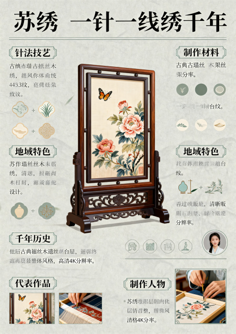 苏绣非遗文化信息宣传海报，竖版A3尺寸，米灰色低饱和背景，国风排版设计，顶部大标题文字“苏绣 一针一线绣千年”使用宋体书法字体，画面中心展示古典缂丝木架台屏，台屏上绣有牡丹和蝴蝶纹样，画面四周分区介绍预览效果