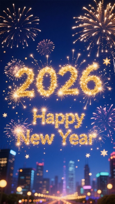 画面中央是金色烟花字“2026”，下方搭配金色烟花英文 “Happy New Year”，背景是深蓝色夜空，布满色彩绚烂的烟花，底部还有城市夜景的灯光光斑预览效果