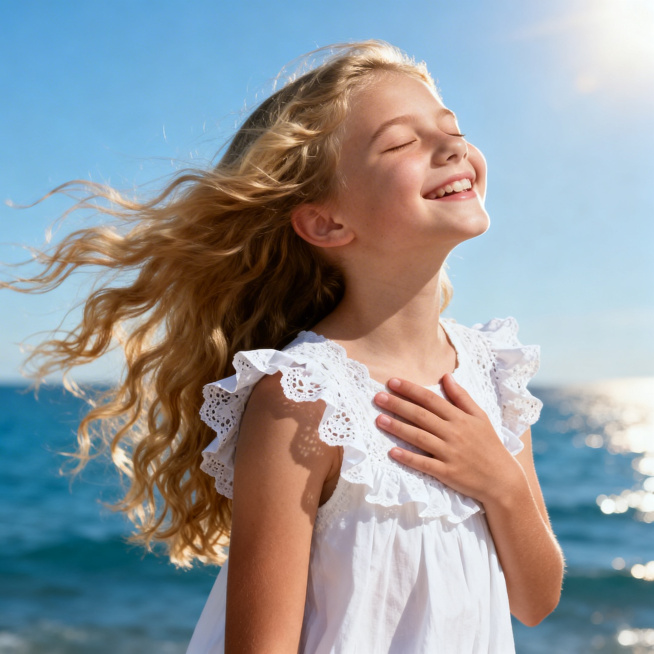 一张超写实的专业人像摄影，15岁左右的外国可爱小女孩，金色长卷发被向后风吹起，闭着眼睛露出灿烂的笑容，4/3的侧脸，下巴上仰10度，一只手放在胸口，穿着带蕾丝荷叶边的白色无袖连衣裙，阳光洒在脸上，全身预览效果