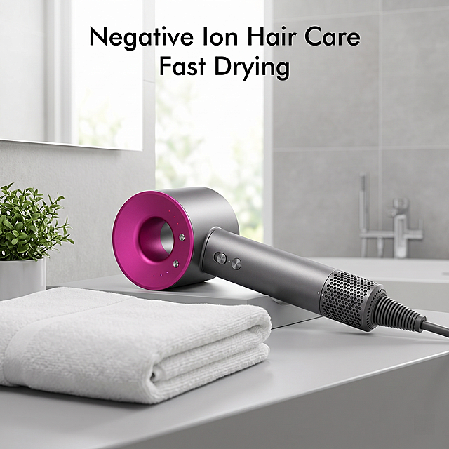 [Main Image 2] Living scenario display of hair dryer. [Atmosphere Style] Minimalist modern bathroom scene, technology sense of life. [Image Quality] Commercial photography, clear and realistic, high-end texture, super HD. [Elements] The hair dryer is placed on the modern light gray bathroom vanity countertop, next to a clean towel and a potted green plant, the environment is simple and high-end. Keep the product appearance, color and material 100% consistent with the input image, no deformation. Product occupies 60%-70% of the picture, full screen no border. The core卖点 is displayed at the top: "Negative Ion Hair Care", "Fast Drying", text clean, does not block the product. [Lighting] Natural bright bathroom light, soft and transparent, highlight the product material texture, layered sense of clear. [Color Matching] Light gray bathroom main tone, product gray fuchsia prominent, color coordination high-end. [Perspective Composition] Front perspective, moderate depth of field, focus on the product. [Proportion Resolution] 1:1, 2K resolution, clear text, ultra HD. [Negative Prompt] Deformation, color difference, text occlusion, background clutter, non-product additional logo, watermark.