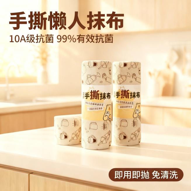 去除每个手撕抹布字体右上角的微净商标logo，保持整体设计风格、文字排版和背景不变预览效果