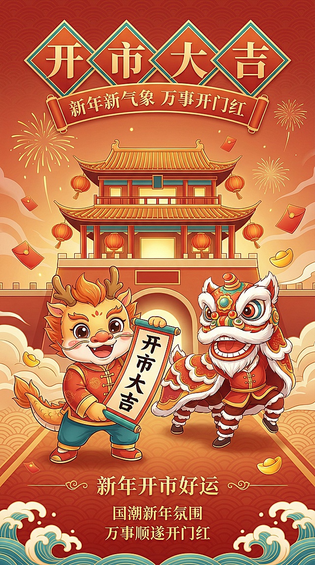 国潮风融合卡通拟人设计，鎏金剪纸质感点缀，喜庆红金配色烘托新年开市大吉氛围，舞狮与瑞兽共庆新春好运。