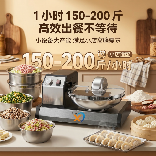 生成高产能卖点图，商业级 8K 画质，商用厨房场景（堆叠的不锈钢馅料盆 + 刚出笼的包子 / 水饺），专业影棚暖调光效，产品完美无瑕，严格还原上传的斩拌机产品图，包括包装设计、颜色、LOGO 位置、文预览效果