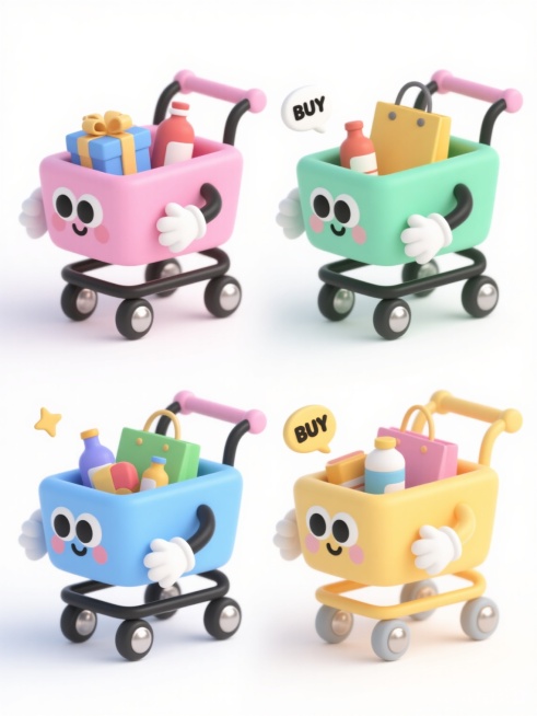 一组4个不同配色、不同样式的卡通购物车元素，每个购物车具有圆润可爱的3D立体造型，类似软萌的塑料玩具质感，配备黑色简约线条勾勒的拟人化五官（大眼睛、简单表情）和白色手套状手臂，车轮为圆形带金属质感轮轴。购物车内装载简化的彩色商品（如礼品盒、购物袋、瓶罐等），部分购物车旁有简洁的“BUY”字样气泡或星星装饰。整体采用干净明亮的马卡龙色系配色方案，每个购物车主体颜色区分明显（如粉色、蓝色、绿色、黄……预览效果