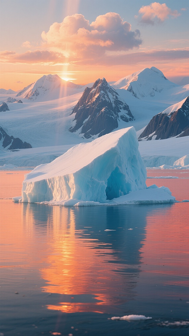 写实风格的极地景观，画面中央是漂浮在平静海面上的巨大冰山，冰山表面覆盖着厚实的白雪，边缘呈现出不规则的冰蓝色纹理，海水清澈见底，倒映着天空和冰山的轮廓。远处是连绵起伏的雪山群峰，山顶被皑皑白雪覆盖，山体岩石的肌理清晰可见。天空中飘着几朵蓬松的白云，光线变换为日落时分的暖橙色光线，阳光从云层边缘斜射下来，在雪山和冰山上投下长长的金色阴影，海面上波光粼粼，泛着温暖的橙红色光晕，整体氛围宁静而壮丽，色彩以蓝白色为基调，融入暖橙色的光影效果，营造出梦幻而神圣的极地日落景象。