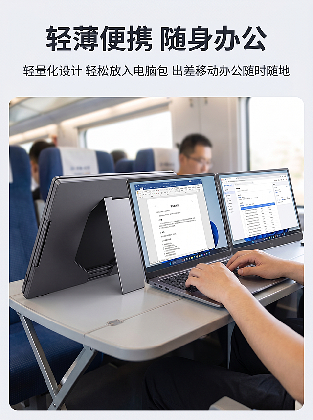 [详情页11 差旅场景展示] aigo14寸双屏便携显示器出差办公场景
[氛围风格] 简约移动办公风，真实自然
[画质] 写实场景摄影，清晰通透
[元素] 保持产品外观结构和实拍一致，高铁动车厢内小桌板上，笔记本中间双屏扩展，展示差旅移动办公，产品占比60%，满屏无边框，背景虚化车厢突出产品
[光影] 柔和车内自然光，明亮通透自然
[配色] 深空灰产品，浅灰小桌板，蓝色座椅，低饱和和谐配色
[视角构图] 平视角度，展示完整场景
[文字版式] 顶部标题“轻薄便携 随身办公”深灰粗体；下方说明“轻量化设计 轻松放入电脑包 出差移动办公随时随地”，文字清晰不遮挡主体
[比例分辨率] 3:4比例，2k分辨率，文字清晰，超高清
[负向提示词] 结构错误，变形，水印，文字错乱，背景杂乱