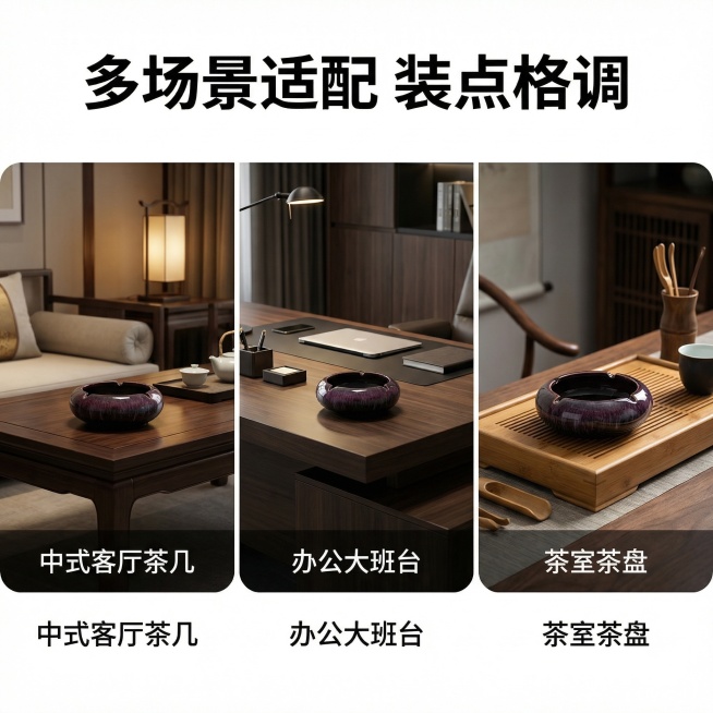 [主图 4]多场景适配展示
[氛围/风格]新中式高级质感，光影和主图1保持统一
[画面元素]采用三宫格拼图展示，保持烟灰缸外观和用户上传一致，三个格子分别展示烟灰缸放置在：1.中式客厅茶几、2.办公大预览效果