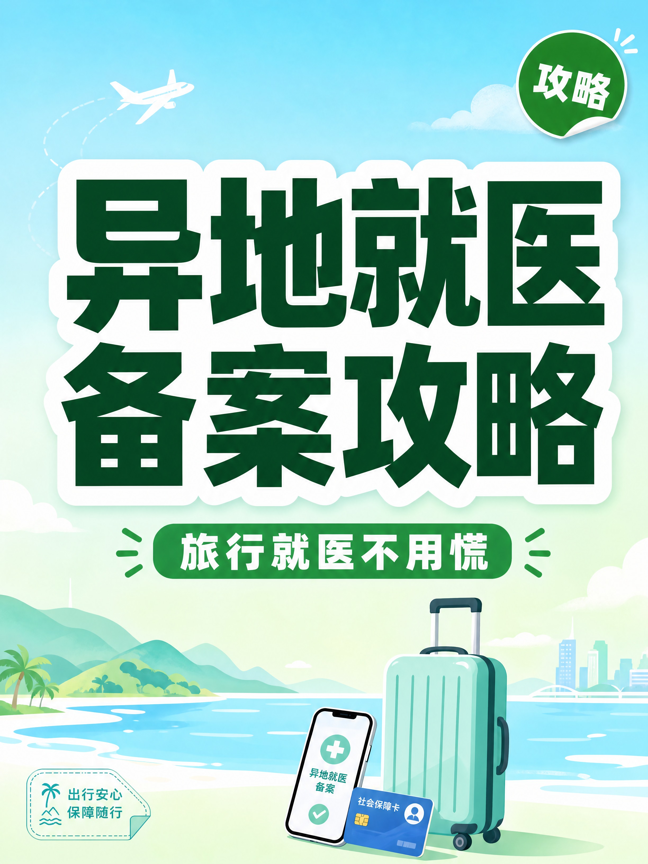 小红书笔记大字封面，插图大字，旅行医疗主题清新蓝绿配色，版式精… - 图片创意预览