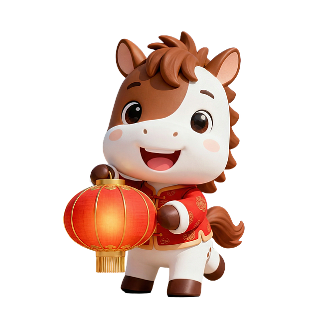 软3D风格的拟人小马，身着国潮风唐装，手持红灯笼，融合可爱感与卡通感，洋溢喜庆节日氛围。