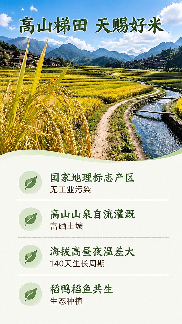 [第4屏] 产地优势展示屏-连山原生态种植环境介绍。本屏使用【图5】和【图7】作为梯田实景展示。
[氛围/风格] 原生态自然风光，开阔大气，绿色清新，突出产地天然优势，摄影级真实质感。
[元素布局] 顶部标题，上半部分展示连山高山梯田全景，占比约60%，下半部分分点介绍产地核心优势，梯田保持原有自然风貌，真实还原青山绿水蓝天白云场景。
[光影质感] 自然晴天光照，整体明亮通透，层次丰富，远山近田层次分明。
[配色色系] 全局底色 #F8F9F0，主色自然稻田黄绿色，辅助色绿色标题、深棕色正文，延续整体视觉风格。
[视角构图] 上图下文结构，顶部风景图片，下方文字信息，从上到下阅读，自然流畅。
[文字版式] 顶部大标题「高山梯田 天赐好米」，字体风格与前面保持一致。下方分四个卖点：1. 国家地理标志产区 无工业污染 2. 高山山泉自流灌溉 富硒土壤 3. 海拔高昼夜温差大 140天生长周期 4. 稻鸭稻鱼共生 生态种植。每个卖点搭配小叶子图标，分点展示，文字清晰，行间距舒适，适合手机阅读。
[比例分辨率] 9:16 竖版比例，4K 分辨率，文字清晰可辨，高清画质。
[负向提示词] 风景变形，文字错乱，颜色失真，水印，文字过小，背景杂乱