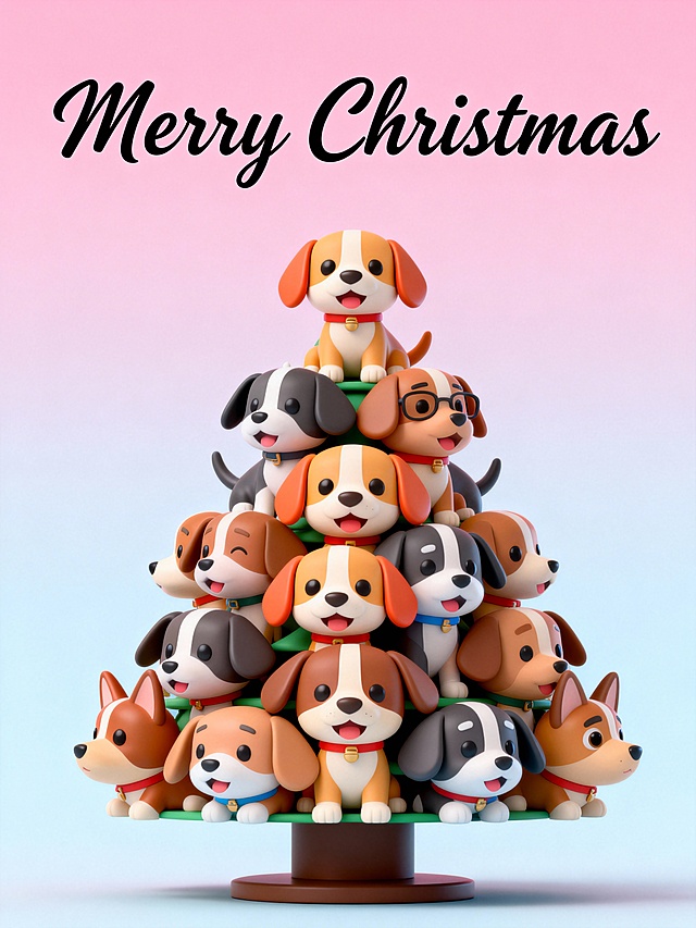 软3D粘土风萌犬堆叠成圣诞树，卡通可爱，喜庆氛围浓厚，节日感十足。