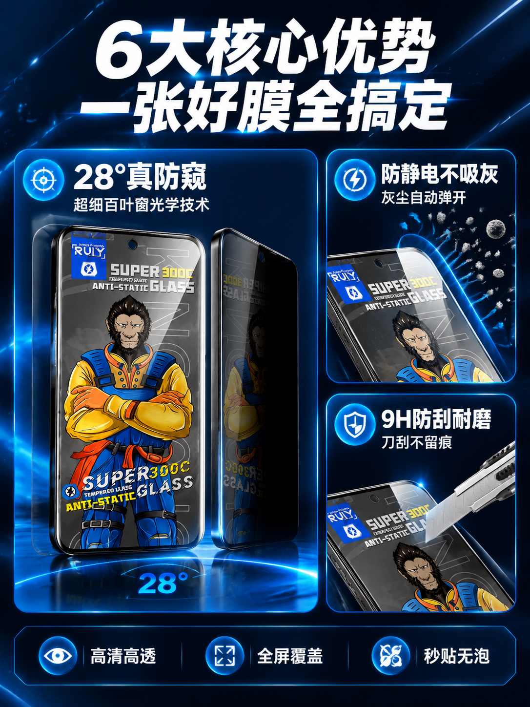 [商品] 使用【图1】防窥钢化膜；保留黑悟空卡通图案、SUPE… - 图片创意预览
