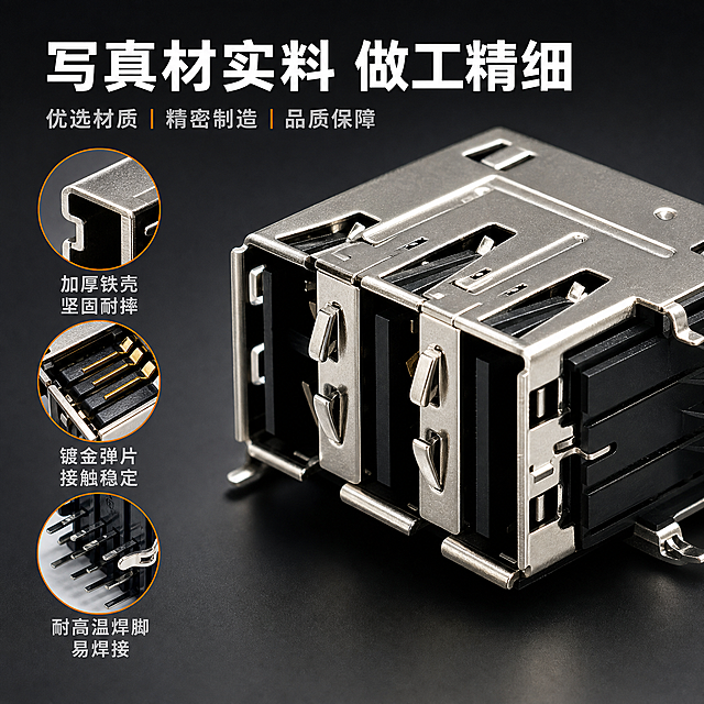 [主图-3] 材质工艺细节图，展示双层USB母座连接器金属材质与做工细节。
[统一基调] 专业工业品质风，深灰渐变背景，主标题白色，辅助文字浅灰色，强调色橙色，字体为无衬线粗体，字号层级分明，信息卡片用细边框圆角样式。
[画面] 画面中心偏右放置双层USB母座连接器超大约70%占比特写，聚焦金属外壳边缘与USB接口弹片细节。左下角三个圆形放大窗口，分别展示：第一个窗口展示金属外壳厚度切面写加厚铁壳 坚固耐摔，第二个窗口展示接口内部弹片写镀金弹片 接触稳定，第三个窗口展示焊脚引脚写耐高温焊脚 易焊接。顶部主标题写真材实料 做工精细。
[光影质感] 商业摄影质感，深背景突出金属高光，产品细节锐利，纹理清晰，阴影柔和。
[配色] 背景深灰渐变，主标题白色，放大窗口边框橙色，说明文字浅灰。
[文字版式] 顶部主标题，左下角三个圆形放大窗口配说明文字，文字不遮挡产品主要细节。
[输出要求] 1:1比例，文字清晰可读，产品清晰不变形，无错字模糊杂乱水印，无平台logo。
