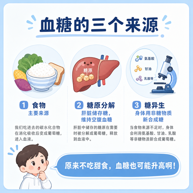 科普图文第三屏，三个并列图标，分别是🍚食物标注主要来源、🏭糖原分解标注肝脏储存糖维持空腹血糖、🔬糖异生标注身体用非糖物质新合成糖，下方对话框小白文字：原来不吃甜食，血糖也可能升高啊！上方标题：血预览效果