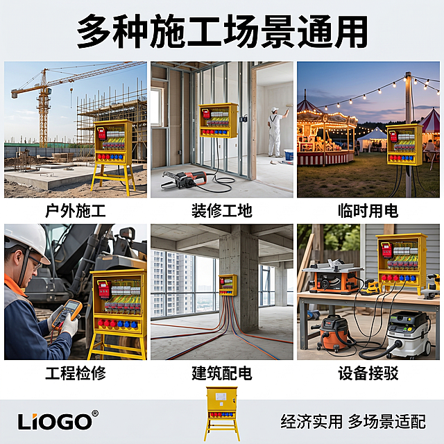 [主图-4] 160A六回路插座箱适用场景展示图。氛围风格：硬核工业施工现场风，保持整套主图风格光影统一。画质：商业摄影质感、光线明亮通透、产品清晰真实、画面干净高级。元素：整体采用六宫格布局展示适用场景，主标题在顶部，底部通栏背景放插座箱主体小图，上方六个宫格分别展示：户外施工、装修工地、临时用电、工程检修、建筑配电、设备接驳六个使用场景，每个宫格下方配对应场景名称短标签。保持插座箱外观颜色结构与原图完全一致，产品放置在底部通栏居中。光影：整体场景光线自然明亮，每个小场景光影统一协调，主体插座箱光线清晰突出。配色：主色调工业黄，背景为浅灰，各个场景使用真实环境配色自然和谐。文字版式：顶部大字主标题写"多种施工场景通用"，加粗醒目；六个宫格每个底部标注场景名，小字黑字白底标签；底部通栏左侧标注品牌，右侧标注"经济实用 多场景适配"。比例分辨率：1:1比例，2k分辨率；文字清晰可辨，超高清。负向提示词：变形，水印，文字错乱，产品图模糊，背景杂乱，场景风格不统一，遮挡主体。