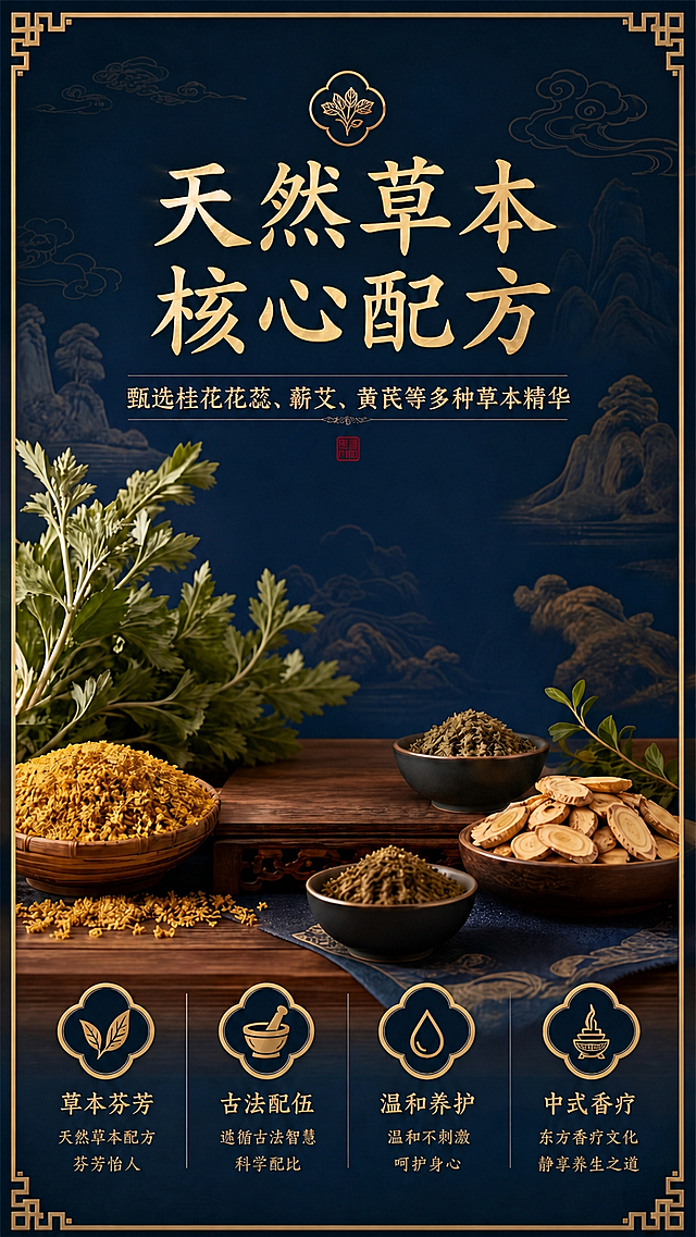 删除图片中间的蕲艾香薰罐子主体物，保留其余所有元素、文字和构图，保持原国潮中式风格不变，画面自然协调