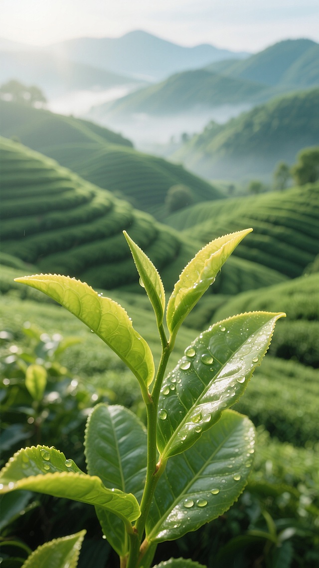 清晨阳光下的茶园风光，前景是鲜嫩翠绿的茶叶特写，叶片脉络清晰可见，边缘泛着柔和的黄色光泽，露珠点缀其间；背景是层层叠叠、蜿蜒起伏的绿色茶山，远山在薄雾中若隐若现，呈现出朦胧的层次感。整体色调以清新的绿色为主，光影柔和，阳光从斜上方洒下，在叶片上形成明亮的高光和自然的阴影，营造出宁静、生机勃勃且富有自然气息的氛围。画面具有高度的写实感，细节丰富，色彩和谐，构图采用近实远虚的景深效果，突出茶叶主体的同时展现广阔的茶园景致。