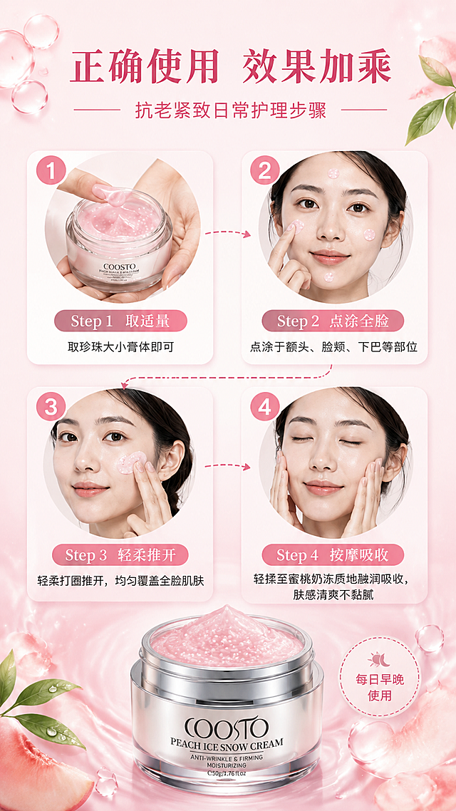 美妆护肤使用方法海报，竖版9:16，写实商业摄影风格，清透高级柔光氛围。膏体颜色严格参考上传的参考图：粉色半透明膏体中布满密集的白色小颗粒/粒子，呈蜜桃粉带白色爆珠粒子质感，所有出现面霜膏体的地方均为此种质地颜色。

【版式复刻】顶部主标题+副标题→中间2x2排列四个步骤卡片→底部中央产品展示+右下角圆圈提示，四格排列、虚线连接、装饰元素位置均保持。

【产品锁死】底部中央展示的COOSTO PEACH ICE SNOW CREAM面霜罐，100%还原上传商品图的产品外形、包装、LOGO、印刷文字、净含量，完整保留罐型、轮廓、结构、比例、银色瓶盖、透明罐身、标签版式、品牌logo、COOSTO字样、PEACH ICE SNOW CREAM文字、ANTI-WRINKLE & FIRMING MOISTURIZING文字、e50g/1.76 fl oz容量信息、材质质感、颜色与正面朝向；罐内膏体为参考图的粉色带白色颗粒质地。

【顶部主标题】主标题大字"正确使用 效果加乘"，深粉色或玫瑰金色；副标题"—— 抗老紧致日常护理步骤 ——"。

【四步使用步骤】2x2排列四个圆角浅粉色半透明卡片：
左上Step1：圆形数字"1"，手从面霜罐取粉色带白色颗粒的膏体，标题"Step 1 取适量"，说明"取珍珠大小膏体即可"
右上Step2：圆形数字"2"，女性面部点涂粉色带颗粒膏体在额头脸颊下巴，标题"Step 2 点涂全脸"，说明"点涂于额头、脸颊、下巴等部位"
左下Step3：圆形数字"3"，女性手指打圈推开粉色带颗粒面霜，标题"Step 3 轻柔推开"，说明"轻柔打圈推开，均匀覆盖全脸肌肤"
右下Step4：圆形数字"4"，女性闭眼按摩，面霜融润吸收后肌肤清爽，标题"Step 4 按摩吸收"，说明"轻揉至蜜桃奶冻质地融润吸收，肤感清爽不黏腻"
步骤间虚线箭头连接。

【底部产品区】底部中央COOSTO面霜罐，罐内为粉色带白色颗粒的膏体；右下角圆形徽章"每日早晚使用"。

【装饰与背景】角落点缀粉色花瓣、透明水滴、粉色精华气泡、蜜桃叶片；背景浅粉色渐变，带流动粉色乳霜纹理和白色粒子光点；整体粉色蜜桃色系，与前图配色一致。

【人物】亚洲女性，韩式淡妆，肌肤通透粉嫩。

【膏体质地硬约束】画面中所有面霜膏体、手上的膏体、脸上点涂的膏体、推开的膏体、罐内的膏体，颜色和质地均与参考图完全一致：粉色半透明膏体基底，均匀密布白色小颗粒/爆珠粒子，呈蜜桃粉带白色粒子的奶冻质感；膏体颜色以参考图为唯一标准。

【文字约束】画面中必须完整呈现："正确使用 效果加乘"、"抗老紧致日常护理步骤"、"Step 1 取适量"、"取珍珠大小膏体即可"、"Step 2 点涂全脸"、"点涂于额头、脸颊、下巴等部位"、"Step 3 轻柔推开"、"轻柔打圈推开，均匀覆盖全脸肌肤"、"Step 4 按摩吸收"、"轻揉至蜜桃奶冻质地融润吸收，肤感清爽不黏腻"、"每日早晚使用"；所有文字清晰可读。

画面中所有信息区域必须填充完整合理内容，不得出现空白框。
