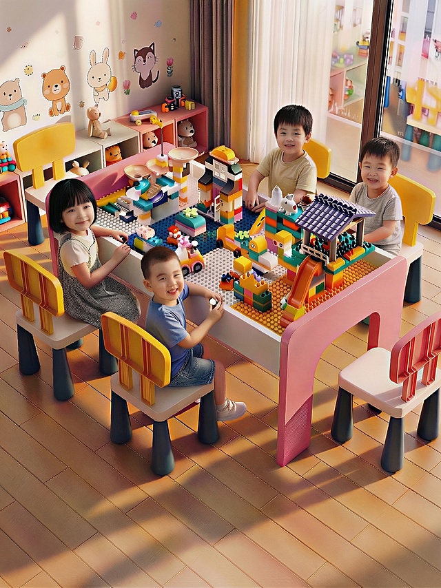将图1中四个小孩的风格替换为图2的真实儿童摄影风格，保留小孩原本的位置和坐姿，表情自然，保持玩具积木和整体场景不变，整体画质写实清晰