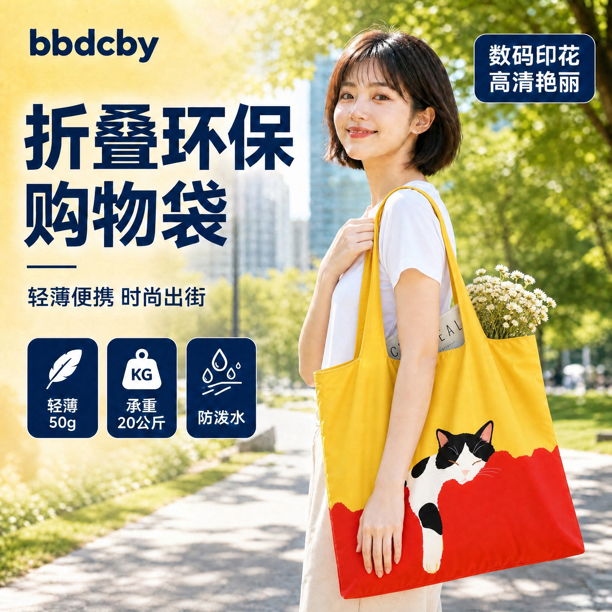 修改这张购物袋主图：将黄红猫咪印花购物袋的整体比例放大10%，… - 图片创意预览
