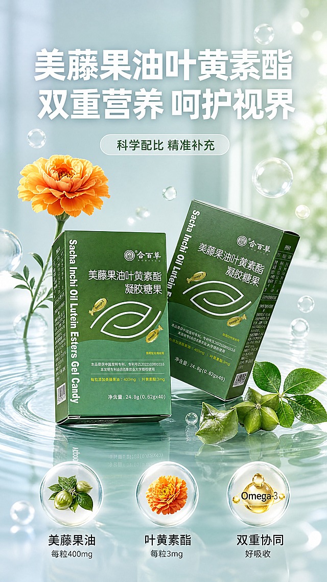 [商品] 使用【图2】合百草美藤果油叶黄素酯凝胶糖果产品图，参考【图1】液体叶黄素酯首屏版式与风格；保留绿色包装盒外观、颜色、结构、Logo、中英文品名、眼睛图案、凝胶糖果图案、专利号、净含量等所有包装文字与结构完全一致。
[画面] 目标：生成9:16竖版详情页首屏KV海报，参考图1的清透液体精华风格。画面中央主体为两盒合百草绿色产品包装盒（一盒正面朝前略左倾，一盒侧面斜靠在右后方），放在清澈的水面/水波纹展台上，水面有产品倒影与涟漪。产品左上方有一朵盛开的橙黄色万寿菊（参考图1左侧万寿菊位置），带绿色茎叶。产品右下方有绿色的美藤果叶片与果实点缀。背景为淡蓝绿色渐变，明亮通透，有朦胧的室内空间感，漂浮着多个透明气泡/水珠（大小不一，有折射光效）。画面底部水面上有三个透明水晶球/水滴气泡，分别包裹三种核心原料图像。顶部大标题，底部成分说明。
[视觉] 套系策略：风格=清透液体精华高级摄影风；标题字=粗黑体白色带轻微光效；正文字=清爽黑体；主色=深森林绿+淡蓝绿；背景延展=淡蓝绿色通透渐变+透明气泡+水面涟漪+朦胧空间光；强调色=橙黄（万寿菊）；标题色=白色；正文色=白色/浅灰；组件=透明气泡、水晶球成分、水面展台；光影=柔和顶光+侧光，水面有波光反射，产品表面有自然高光与通透感，整体明亮高级。
[文字] 顶部大标题两行白色粗黑体大字：「美藤果油叶黄素酯」「双重营养 呵护视界」，字号最大。主标题下方一个圆角半透明白底标签，内文深绿字：「科学配比 精准补充」。底部水面上三个透明水晶球从左到右：左球内美藤果图+下方文字「美藤果油 每粒400mg」、中球内万寿菊图+下方文字「叶黄素酯 每粒3mg」、右球内Omega符号图+下方文字「双重协同 好吸收」。文字均横排，放在顶部与底部负空间，不遮挡产品主体。
[规格] 图片比例9:16竖版，4K分辨率，产品清晰不变形，文字清晰可读；负向：禁止错字、模糊、产品颜色改变、包装文字错乱、冷蓝色过重、杂乱背景、水印、平台Logo、医疗化夸张表达、绝对化用语。