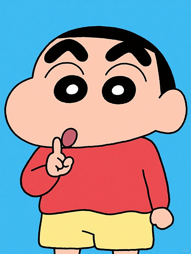 蜡笔小新卡通形象，保持原作的经典风格：圆形大头、粗黑短眉毛、黑豆般的大眼睛、圆润脸颊、标志性的红上衣与黄短裤，右手食指放在嘴边、舌头伸出的俏皮动作，线条简洁流畅，色彩鲜明饱和，采用纯蓝色纯色背景，无任何文字、logo和水印，整体画面干净明快，充满童趣。