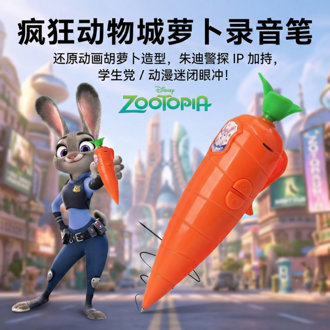 这是一款疯狂动物城2萝卜录音笔，既能录音也能写字，换个背景，不要纯色，要关于疯狂动物城2的相关背景，把背景虚化，第一眼要看到萝卜录音笔，主次要分明，视觉中心是萝卜笔，第一眼也要看到萝卜录音笔，添加【疯预览效果