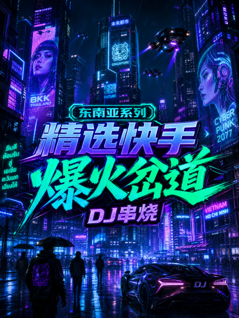 电音封面，文字为“东南亚系列-精选快手爆火岔道DJ串烧”，风格改为赛博朋克都市夜景：霓虹高楼、全息广告牌、雨夜街道反光、飞行器穿梭，主色调蓝紫+青绿，比例3:4预览效果