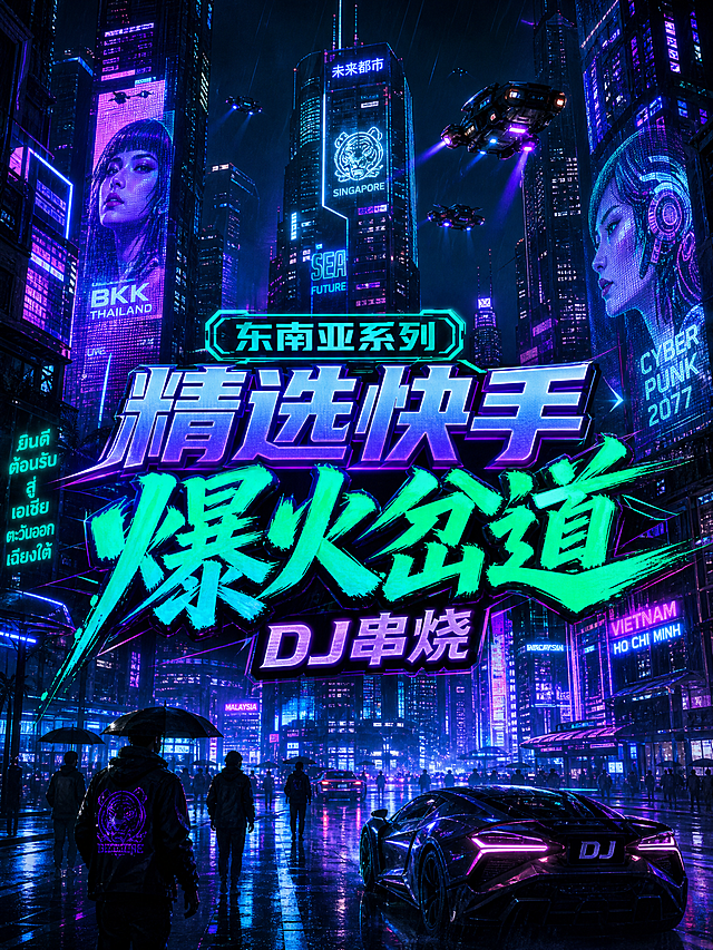 电音封面，文字为“东南亚系列-精选快手爆火岔道DJ串烧”，风格改为赛博朋克都市夜景：霓虹高楼、全息广告牌、雨夜街道反光、飞行器穿梭，主色调蓝紫+青绿，比例3:4