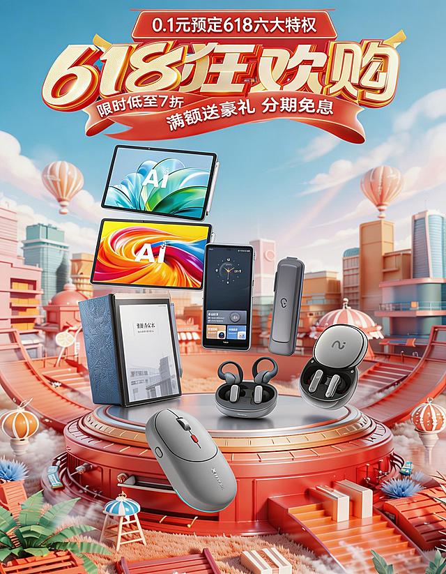 将提供的8款数码产品（2款平板、挂耳式耳机、无线鼠标、AI翻译机、入耳式耳机、录音笔、智能办公本）按照从远到近的顺序排列在提供的卡通城市风红金舞台背景上，营造出产品向镜头飞来的动感效果，溶图自然融合，顶部放置提供的618狂欢购促销文字元素，整体画面为3:4竖版比例，突出产品主体，设计感强。