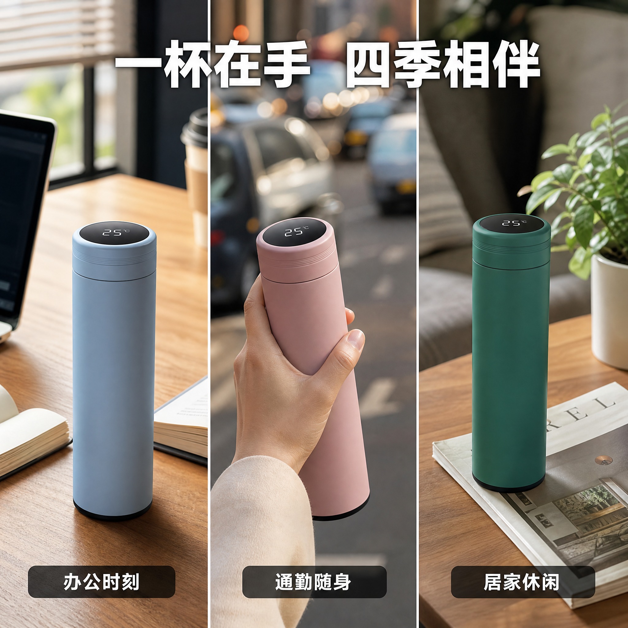 [主图-4] 智能显温保温杯多场景适用图，展示产品在办公、通勤… - 图片创意预览