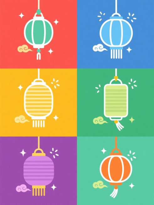 一套6个完全不同造型的中国传统灯笼系列图标，每个灯笼均保持简约扁平化设计风格，线条流畅，轮廓清晰，包含灯笼主体、顶部装饰、悬挂绳和底部流苏元素，搭配小星形火花和云纹图案作为点缀，每个灯笼采用不同的纯色背景（分别为红色、蓝色、绿色、黄色、紫色、橙色），整体以规整的网格布局排布，色彩明快，风格统一，适合作为节日装饰或主题素材集合使用。预览效果