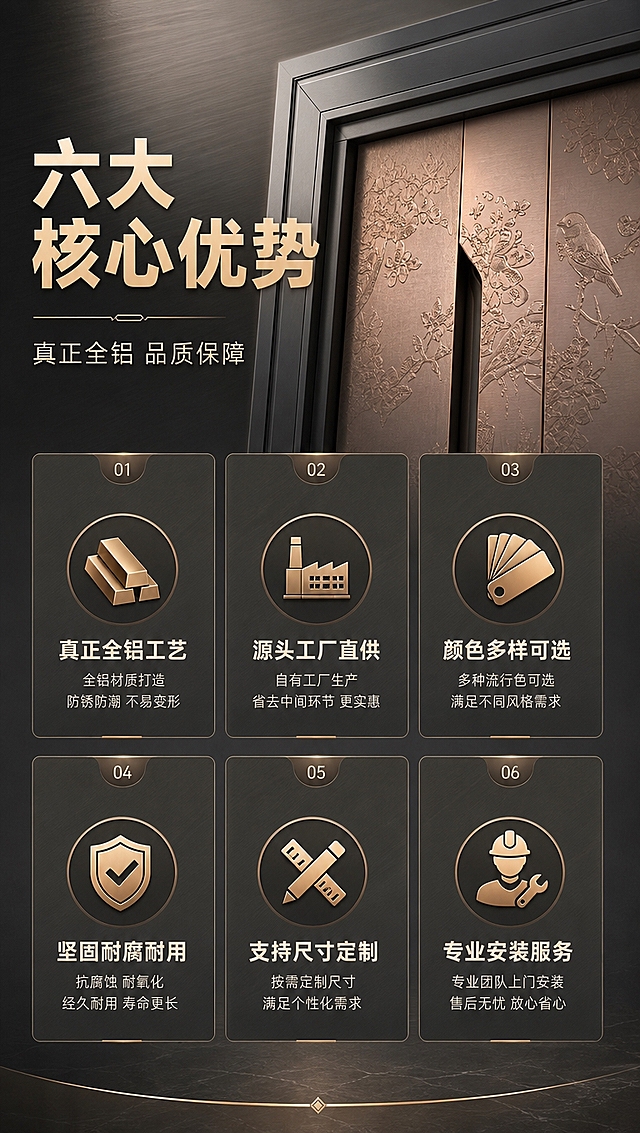 [商品] 使用【图1】臻尚铂门全铝别墅大门局部作为视觉元素；保留门的金属材质、古铜色浮雕、深灰边框特征，作为页面装饰和产品佐证，不做完整展示。
[画面] 目标：6大核心卖点总览页。构图：顶部1/4为标题区+大门局部特写（古铜花鸟浮雕细节），下方3/4为2行3列共6个icon卖点卡片，卡片间留均匀间距。阅读动线：从上到下，从左到右。背景为深灰色渐变+细腻金属拉丝纹理。
[视觉] 套系策略：风格=高端轻奢新中式商业摄影；标题字=粗黑体厚重有力；正文字=现代无衬线体；主色=深灰+古铜金；背景延展=基于深灰和古铜金做深浅层级、同色渐变和细腻金属/石材质感；强调色=古铜金，仅用于小面积图标、引线和标签；标题色=白色/古铜金；正文色=浅灰/米白；组件=深色半透明信息条、细线引线、金属质感图标；光影=正面偏侧暖柔光，突出金属浮雕质感和门的立体感，背景柔和虚化。
[文字] 主标题「六大核心优势」，副标题「真正全铝 品质保障」。6个卖点卡片：1.真正全铝工艺 2.源头工厂直供 3.颜色多样可选 4.坚固耐腐耐用 5.支持尺寸定制 6.专业安装服务。每个卡片配对应金属质感小图标和4字短标题+2行小字说明。
[规格] 图片比例9:16竖版，4K分辨率，淘宝/天猫详情页适配，避免变形、错字、文字过小、冷蓝背景、门结构失真。