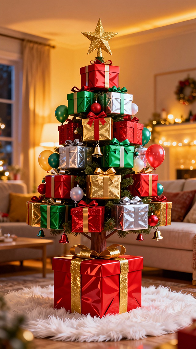 一棵由礼物盒堆叠而成的圣诞树，树干是大型红色礼物盒，表面系着金色丝带，带有立体感的褶皱和光泽。树枝由不同大小的红、绿、金、银色礼物盒组成，每个礼物盒都系着蝴蝶结。树的装饰包括金色星星、彩色气球和小铃铛。底部是白色毛绒地毯，柔软蓬松。背景是温馨的客厅，暖黄色灯光照亮整个场景，营造出喜庆热闹的节日氛围。高饱和度的色彩，礼物盒质感立体，细节丰富。