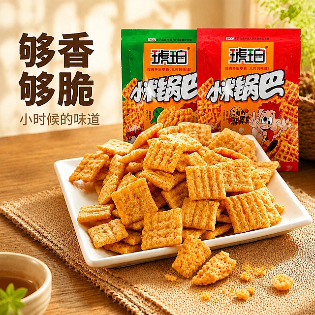 [主图-1] 琥珀小米锅巴首图，突出食欲感与怀旧氛围。[氛围风格] 温馨居家餐桌场景，复古怀旧零食风。[画质] 商业摄影质感、光线柔和通透、产品清晰真实、画面干净高级。[元素] 白色方盘里堆满满的琥珀小米锅巴，色泽金黄诱人，有几块锅巴呈现掰开掉落碎渣的酥脆状态，后方展示红绿两款原包装袋，保持琥珀品牌Logo外观字形和配色不变，放置在左上角安全区。商品主体占比严格控制在65%左右，画面满屏无边框。保持小米锅巴产品外观、物理结构、材质质感、颜色与输入产品图绝对一致，杜绝任何变形和色差，精细化处理。[光影] 自然暖阳从侧上方照射，突出锅巴表面金黄油光，形成柔和阴影，增强酥脆质感，背景环境光柔和通透。[配色] 主色调暖金黄，辅助色原包装袋红绿色，背景浅木色餐桌。[视角构图] 平视视角，产品居中，前中后景分层，景深适中，轮廓完整不裁切。[文字版式] 左侧负空间左对齐留安全边距，大字主文案"够香够脆"暖棕粗体无衬线，下方小字辅助文案"小时候的味道"约半高同色浅透，文字不遮挡产品主体。[输出要求] 1:1比例，文字清晰可辨，超高清商业摄影质感。[负向提示词] 变形，文字错乱，产品图模糊，背景杂乱，水印，电商平台Logo，文字遮挡主体