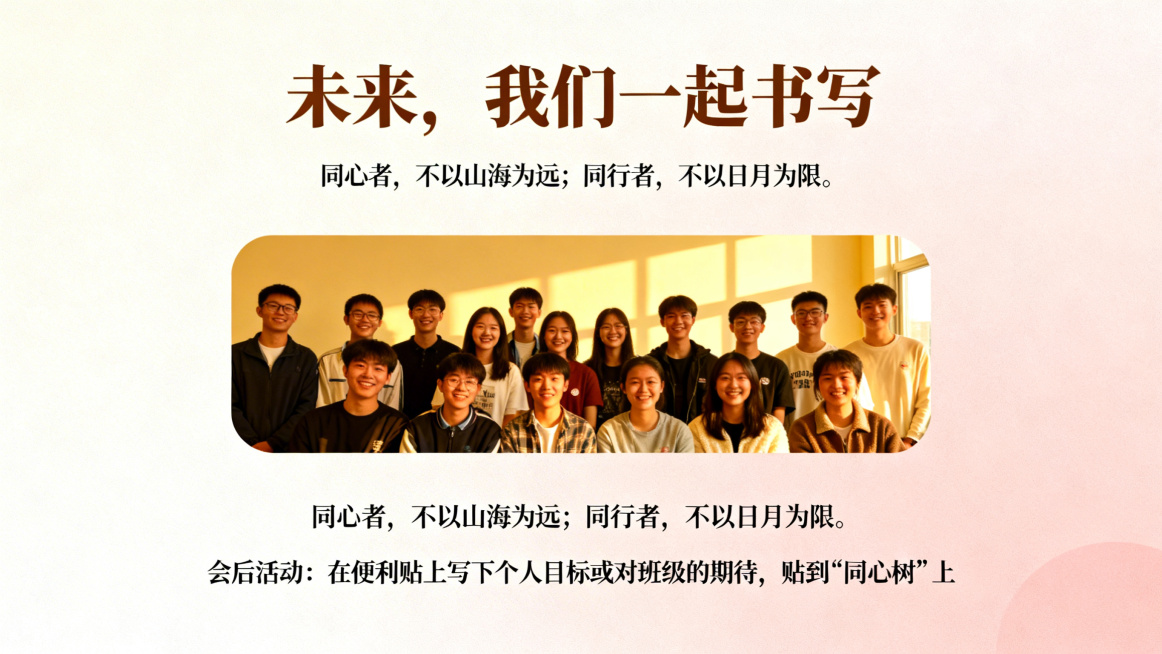 PPT结尾页，标题为“未来，我们一起书写”。核心内容包含激励语“同心者，不以山海为远；同行者，不以日月为限。”，并说明会后活动为同学们在便利贴上写下个人目标或对班级的期待贴到“同心树”上。背景简洁留白预览效果