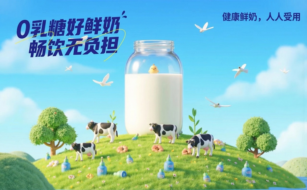 将图片中的文字替换为"0乳糖好鲜奶""畅饮无负担""健康鲜奶，人人受用"，保持原画面风格和布局预览效果