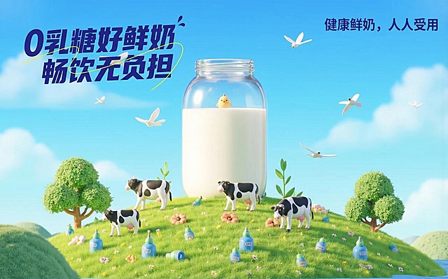 将图片中的文字替换为"0乳糖好鲜奶""畅饮无负担""健康鲜奶，人人受用"，保持原画面风格和布局