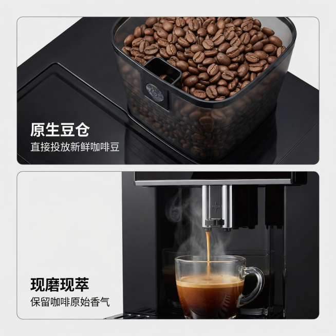 [主图 2] 全自动现磨咖啡豆亮点展示，栅格功能卡片。氛围风格：统一科技高级质感，干净通透。画面元素：商业摄影质感，光线柔和通透，产品清晰真实，画面干净高级。基于原图产品展示，采用UI分区Bento栅预览效果