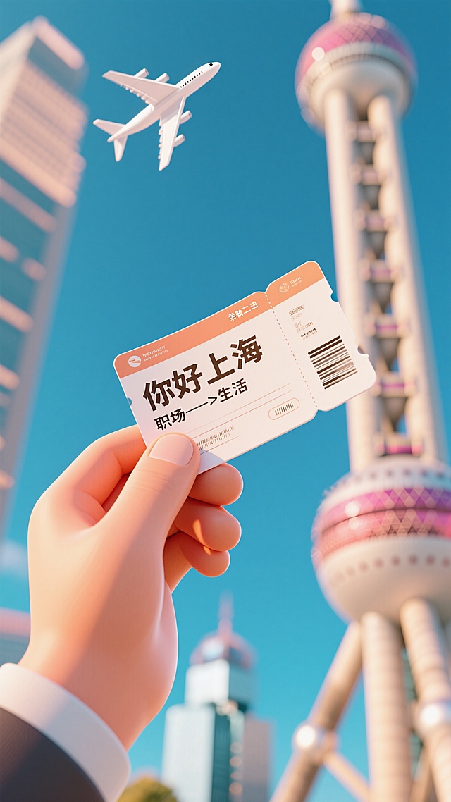 软3D风格，仰视视角，一只手拿着一张巨大的飞机票，机票上写着“你好上海”“职场——>生活”。背景是虚化的东方明珠。背景是虚化的东方明珠。活泼氛围。