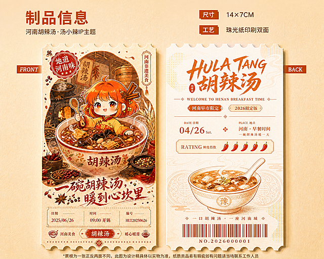 文创产品展示图，背景为暖橙米黄色渐变，带轻微牛皮纸纹理质感。画面上方是制品信息栏：左侧标题“制品信息”，下方小字“河南胡辣汤·汤小辣IP主题”；右侧标注尺寸“14×7CM”、工艺“珠光纸印刷双面”。画面主体是左右并列的两张票根，带齿边设计：
左侧（FRONT）：暖橙复古国风票根，主视觉为Q版国风IP汤小辣，橙发搭配八角桂皮发饰，身穿黄橙国风服饰，坐在冒着热气的巨型胡辣汤碗中，碗里有面筋、木耳、花生等食材，背景是河南老灶台、蒸笼元素，顶部盖红印“地道河南味”，下方配手写体“一碗胡辣汤，暖到心坎里”，底部标注日期2025/06/26、时间09:00开锅、编号HLT20250626；
右侧（BACK）：浅米白国风票根，顶部大字“HULA TANG 胡辣汤”，下方英文“WELCOME TO HENAN BREAKFAST TIME”，标注“河南早市限定”“2026限定版”，中间辣度指数用5个红辣椒表示，下方是胡辣汤线稿碗、河南瓦当纹样，底部印条形码和编号NO.2026000001，配文案“一口胡辣汤·一座河南城”。
整体画面为产品摄影风格，高清8K，光影柔和，突出票根的珠光纸质感，保留参考图的双票根并列+顶部信息栏排版结构，无多余遮挡，整体色调统一为暖橙红棕国风。底部加上文字“*票根为一张正反两面不同，此图为设计稿具体以实物为准，纸质类品易有瑕疵如有问题请当场联系工作人员”