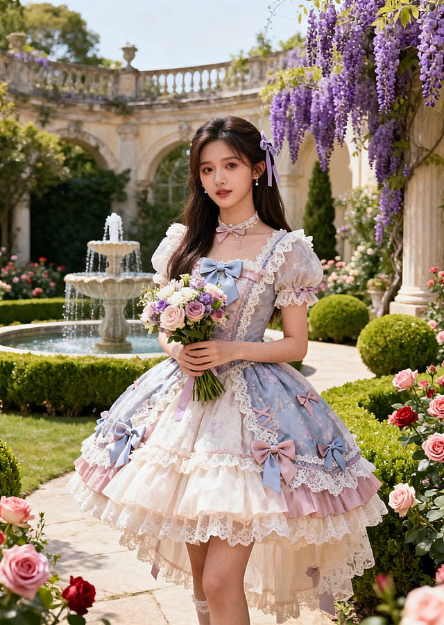 中国女明星杨超越穿着精致华丽的洛丽塔洋装，甜酷可爱风格，少女感十足，背景是梦幻的欧式花园，光线柔和唯美，高清写真质感